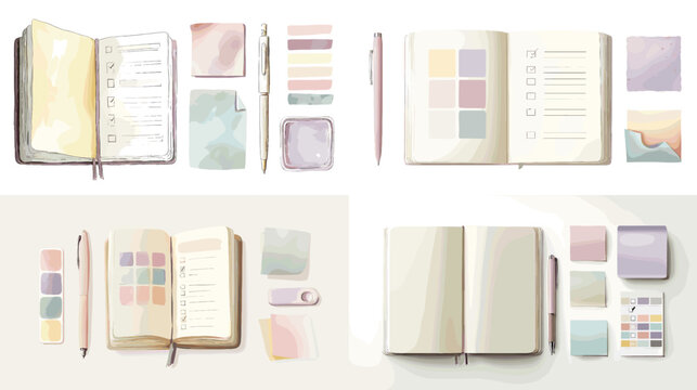 Watercolor illustration set of planners, journals, sticky notes, and pens, perfect for stationery, productivity, organization, and creative design projects.