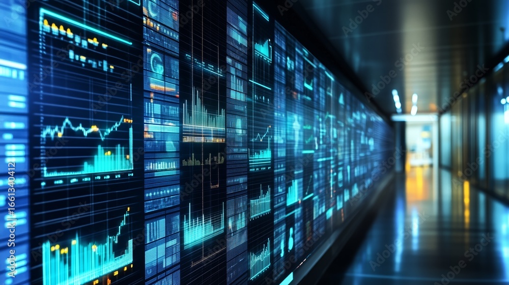 Poster data visualization displays showing market analytics in a modern business environment