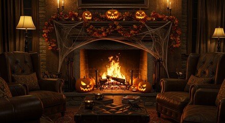 Cozy living room fireplace decorated with glowing pumpkins, spider webs, and black candles, warm orange light from fire, rustic interior, no people, high detail.