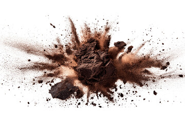 Exploding dirt clumps in the air, isolated on white background