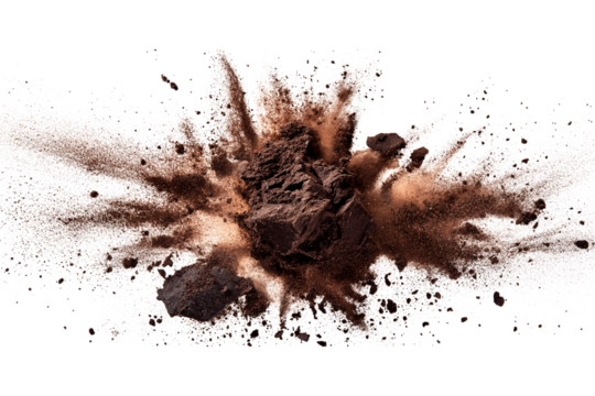 Exploding dirt clumps in the air, isolated on white background