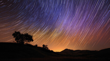 Obraz premium Star trails creating a radiant shower pattern above a silhouetted observer, immersed in celestial glow.