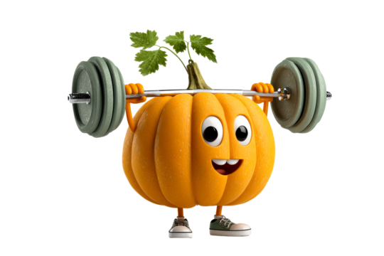 Anthropomorphic pumpkin character lifting a heavy barbell, showing a strong healthy lifestyle