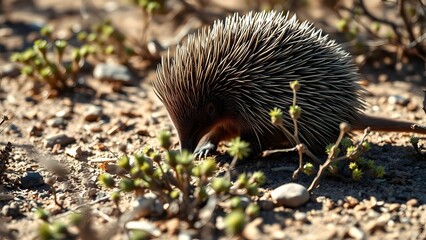 Obraz premium Echidna Exploring Dry Bushland Environment for Insects