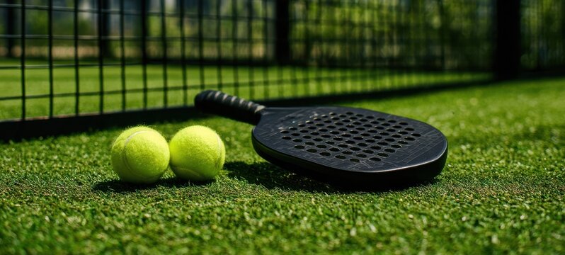 The paddle and balls ready for an exciting game of tennis on green grass.