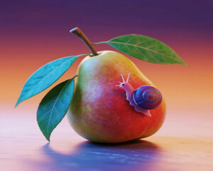 Pink snail crawling on a ripe pear with green leaves fruit insect