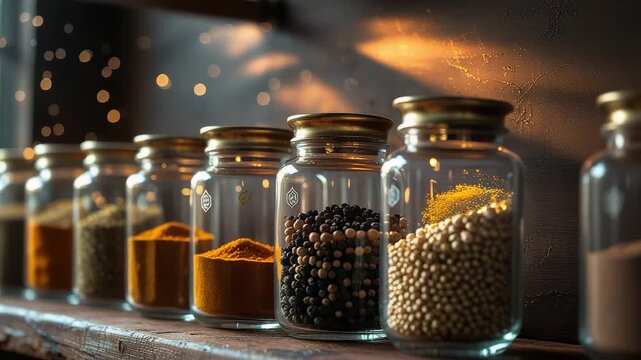 Glass Jars Spices Shelves Warm Lights Kitchen Storage Herbs Seasoning Collection Home Decor