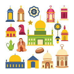 Vector set of Islamic elements illustration includes lantern mosque crescent moon star prayer rug and arabesque ornaments for religious and festive design themes.