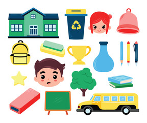 Vector set of school elements illustration including books pencils backpacks and classroom objects for education and learning themed designs