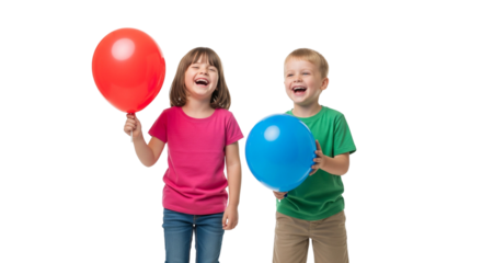 Two Children Holding Colorful Balloons on White Background