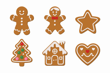 Gingerbread shapes collection vector, cookie men, star tree house heart, holiday baking icons, cozy winter dessert illustration