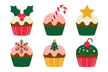 Festive cupcakes assortment vector, decorated frosting, sprinkles and holly, holiday dessert icons, winter sweets collection