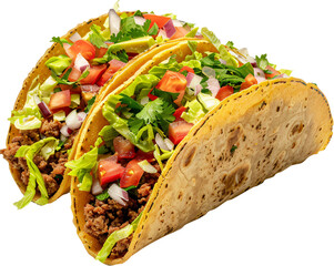 Hard shell taco filled with beef, lettuce, tomato, and cheese