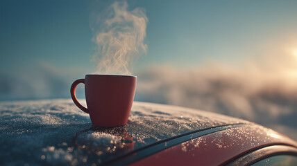 Hot Coffee Cup on Snowy Car Roof.A steaming hot cup of coffee placed on the frosty roof of a car covered with snow and ice crystals