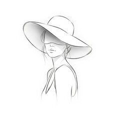 Line art portrait of a woman wearing a wide-brim hat, side profile, minimal shading