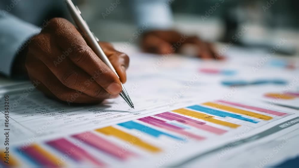 Poster closeup of hands annotating financial reports and pivot tables to extract actionable insights in a b