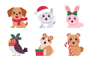 Cute pet icons collection, dogs cats bunnies with Santa hats, gift box accent, holiday animals clipart, winter celebration vector set, sticker graphics, printable