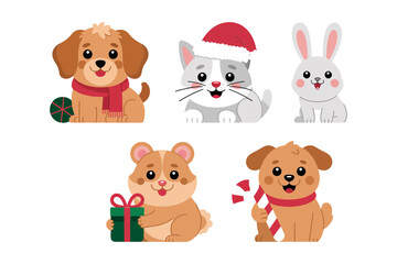 Fototapeta premium Adorable pets in Christmas outfits, puppies kittens rabbits, holly leaf and gift details, cheerful holiday characters, cute vector illustration pack, seasonal clipart resources