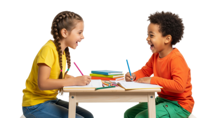 Children Studying and Drawing Together at Table with School Supplies
