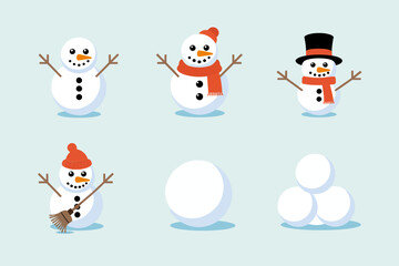 Snowman building steps set, rolling snowballs, adding carrot nose scarf hat, winter activity icons, cute seasonal vector clipart, classroom worksheet elements, kids craft graphics