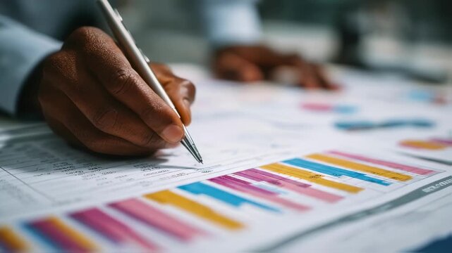 Closeup of hands annotating financial reports and pivot tables to extract actionable insights in a bright workspace.