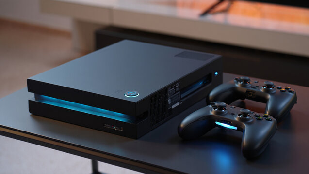 Modern Gaming Console and Wireless Controllers for Immersive Entertainment at Home Technology for Gamers and Enthusiasts Home Entertainment System Setup