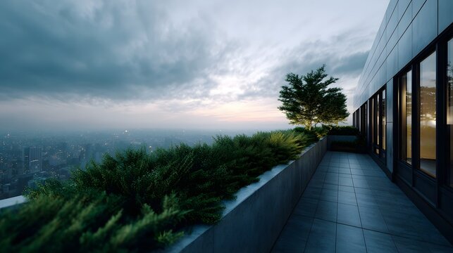 Modern eco friendly building with rooftop garden overlooking a city skyline