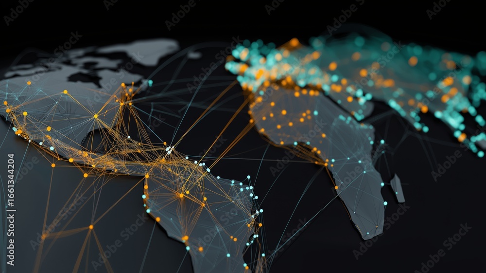 Poster a map details data connections across africa, highlighting network activity and infrastructure.