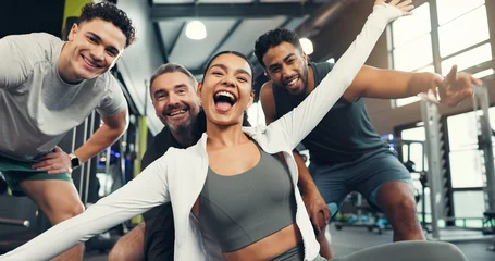 Tableau sur plexiglas Fitness Fitness, happy and portrait of friends in gym with smile for exercise, training and workout trainers. Sports center, excited and men and woman with confidence for wellness, health club and support  © peopleimages.com