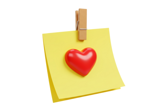 Isolated Yellow Sticky Note with a Red Heart Held by a Wooden Clothespin - Powered by Adobe