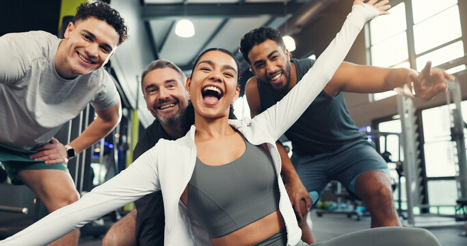 Fitness, happy and portrait of friends in gym with smile for exercise, training and workout trainers. Sports center, excited and men and woman with confidence for wellness, health club and support