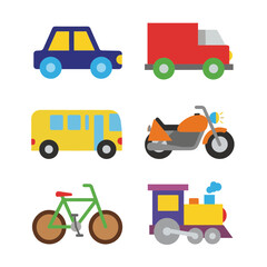 Colorful Geometric Vehicle Icons Set – Car, Truck, Bus, Motorcycle, Tractor”