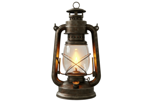 Isolated Realistic Vintage Kerosene Lantern with a Warm Glowing Flame