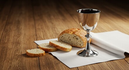 Communion elements, silver chalice with red wine and bread pieces on a white cloth, wooden table, soft natural light, realistic stock photo style, no text, no people