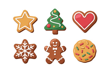Holiday cookie bundle, star tree heart shapes, snowflake biscuit gingerbread man with buttons, sprinkled round cookie, christmas bakery vector set, cute dessert clipart elements