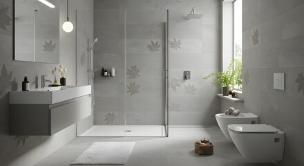 Elegant Gray Bathroom with Floating Fixtures and Embossed Maple Leaf Wall Tiles