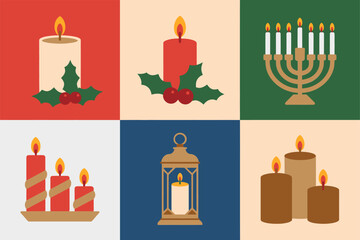 Holiday candle icons, pillar candles with holly, lantern and menorah shapes, square tile layout, christmas and winter celebration vector set, warm decor clipart collection