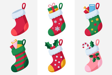Stocking socks grid, red green stripe patterns, candy cane toy details, minimal square layout, Christmas decor icons, winter celebration vector set, joyful festive elements