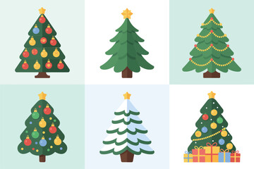 Classic Christmas trees, varied shapes with lights gifts and stars, holiday evergreen set, winter vector clipart, celebratory design elements, decoration pack for cards