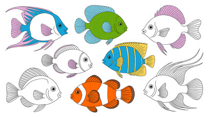 The watercolor illustration features seven tropical fish, each with a unique shape and artistic watercolor texture, on a white background, each painted in soft pastel tones, with varying fin colors.