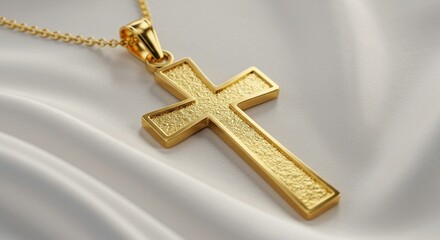Golden cross pendant placed on white silk fabric, soft diffused lighting, macro shot, realistic stock image, no text, no people
