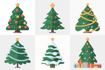 Holiday tree tiles, decorated evergreens with presents bows ribbons, classic seasonal icons, winter vector clipart, festive design set, cozy home celebration elements