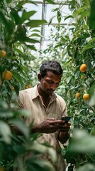 Farmer using mobile phone in greenhouse for smart farming