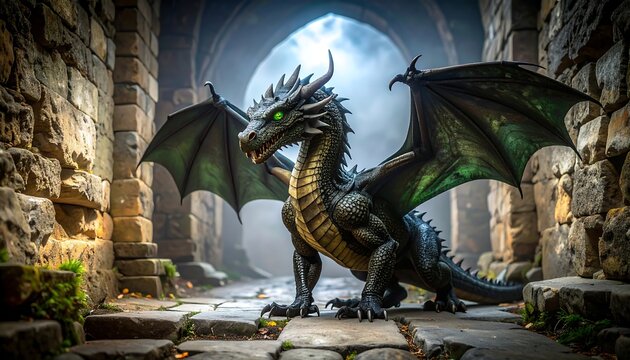 Dragon in ancient stone tunnel