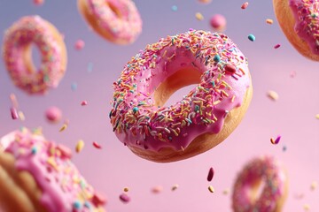 Delicious pink glazed donuts falling with colorful sprinkles on gradient background