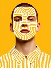 Model posing with white lines painted on his face and shirt, on yellow background