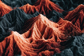 Abstract mountainous landscape, with layered orange-red and dark-gray peaks