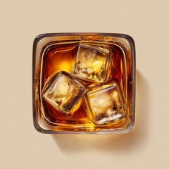Glass of whiskey with ice cubes on beige background