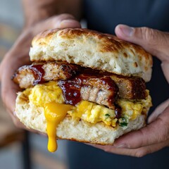 Chef holding delicious gourmet breakfast biscuit sandwich with scrambled eggs, bacon, and cheese sauce