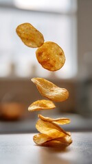 Potato chips falling and stacking on kitchen counter